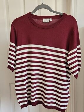 New! Kaffe Maroon & White Striped Short Sleeve Sweater